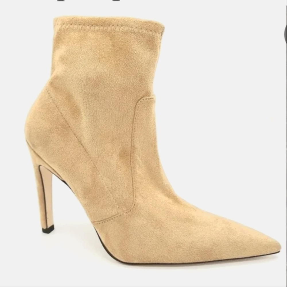 Good American Beige Suede Pointed Toe Stiletto Ankle Boots